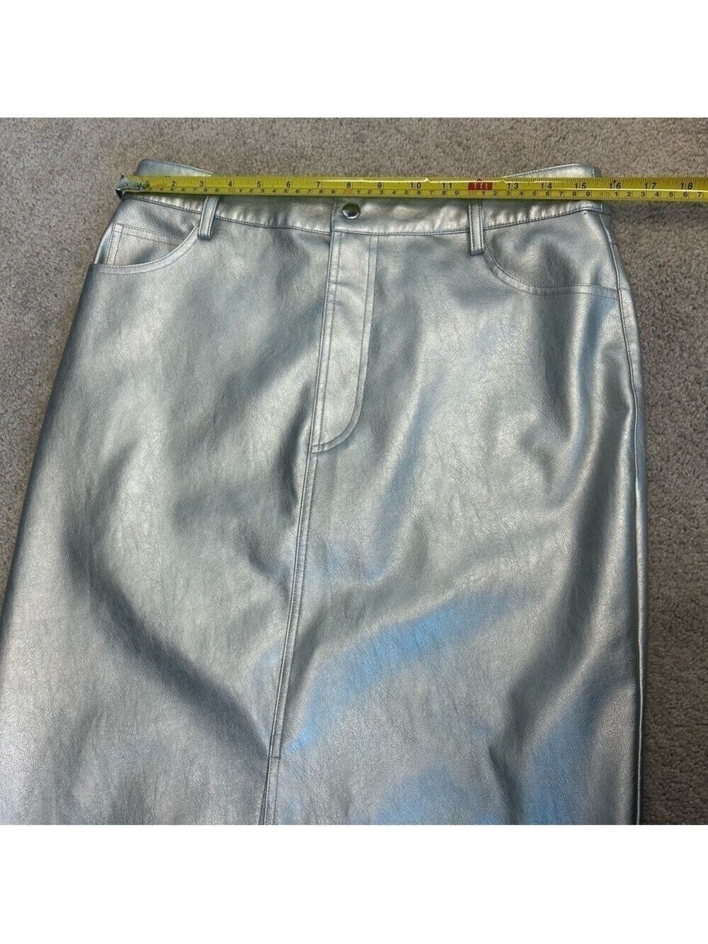 WAYF metallic silver faux leather high waisted midi pencil skirt front slit M - Picture 12 of 14